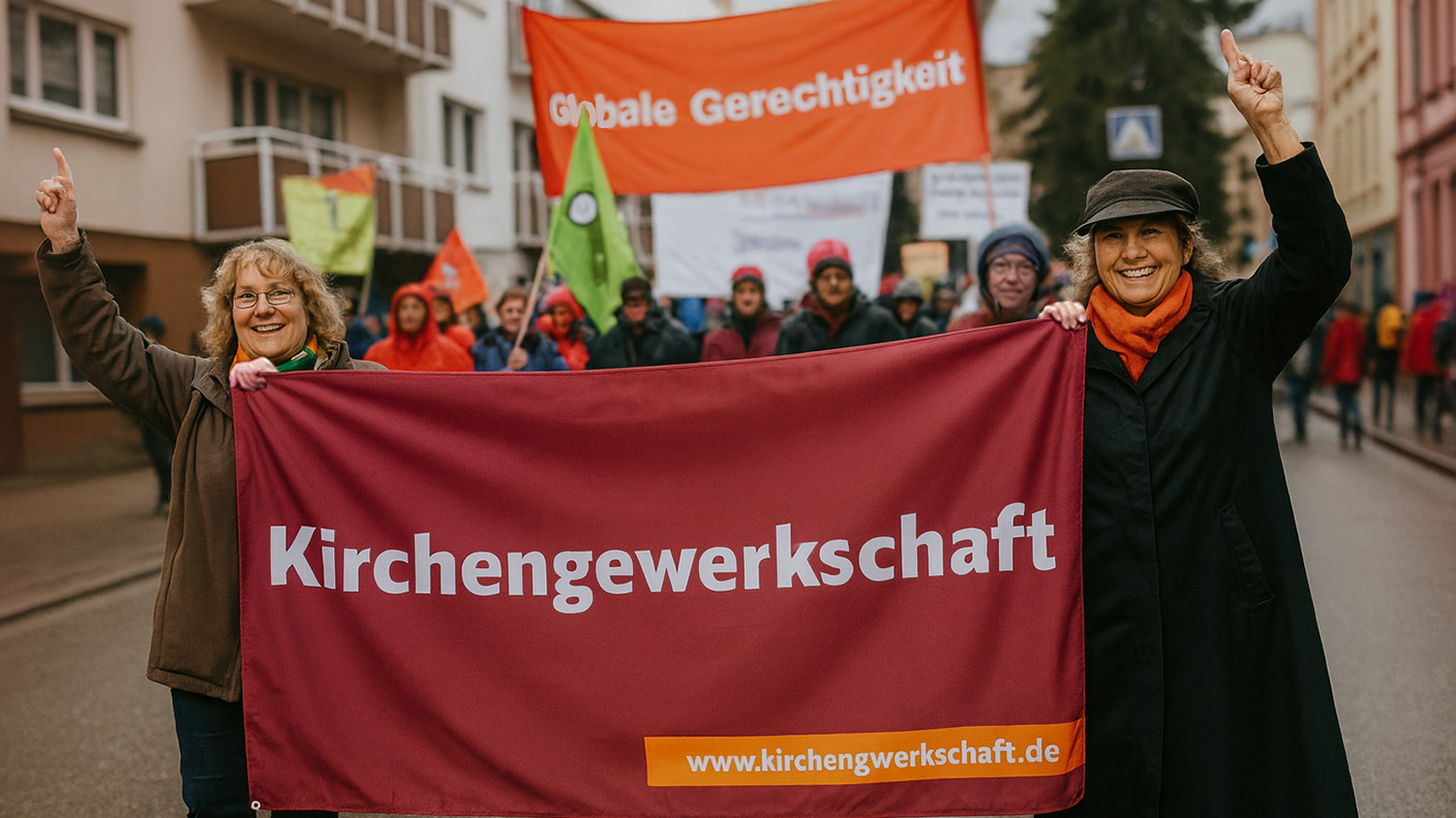 Frauen demonstrieren mit Kirchengewerkschaft-Banner für globale Gerechtigkeit.