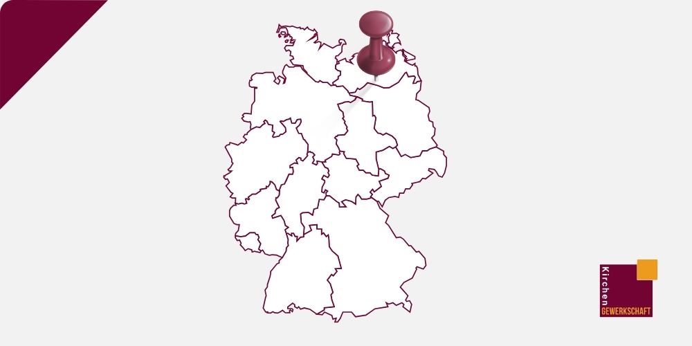 Deutschlandkarte mit rotem Pin in Mecklenburg-Vorpommern. Kirchengewerkschaft Landesverbände.