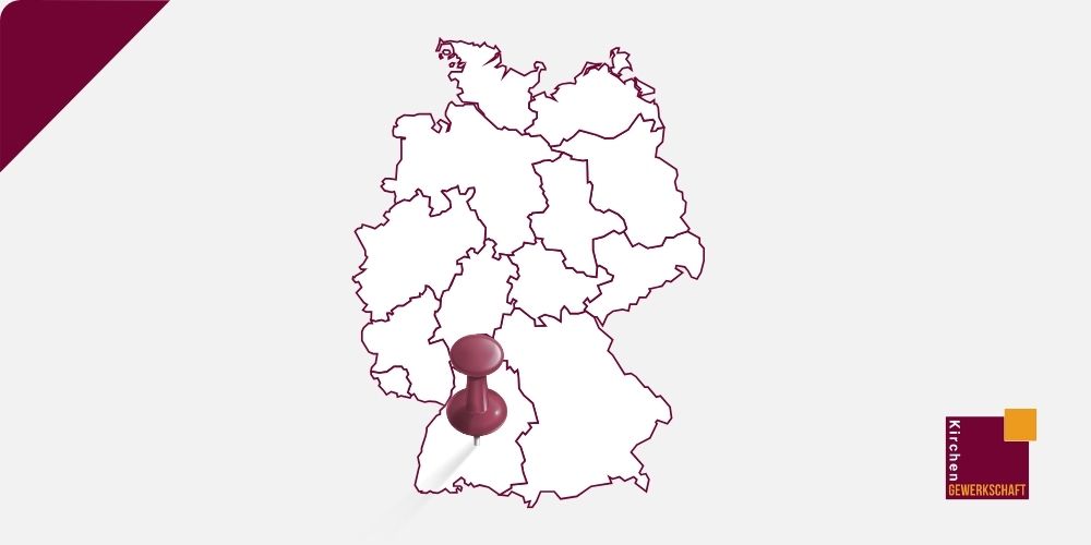 Karte von Deutschland mit roter Markierung. Landesverbände der Kirchengewerkschaft.