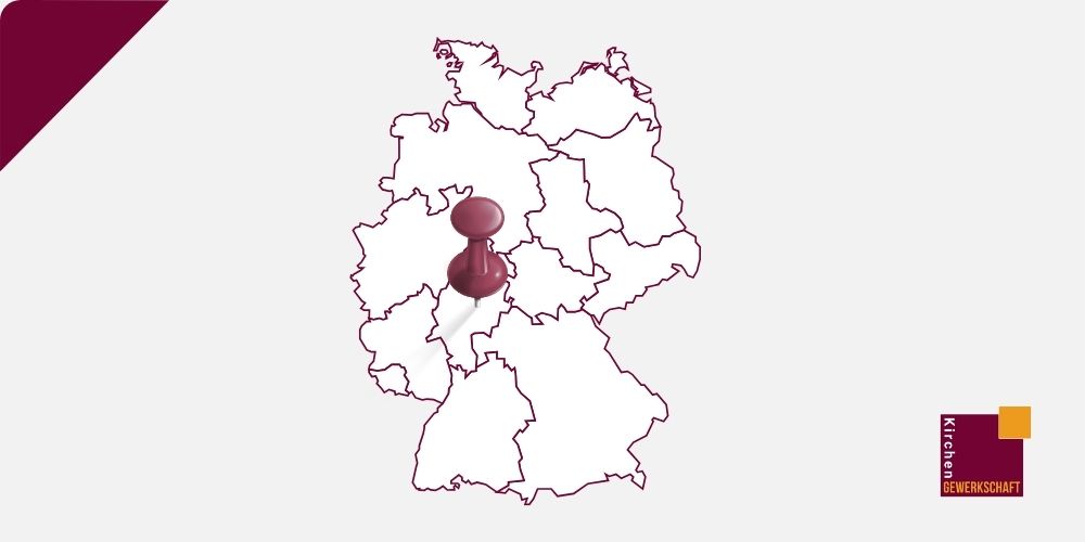 Deutschlandkarte mit roter Markierung, Landesverbände der Kirchengewerkschaft.