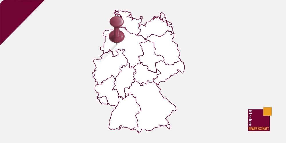 Deutschlandkarte mit roter Stecknadel im Norden. Landesverbände der Kirchengewerkschaft.