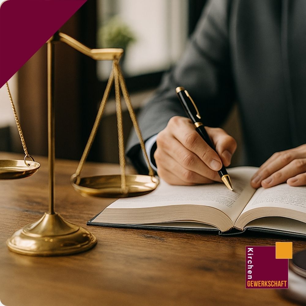 Waage der Gerechtigkeit neben Notizen zum Tarif- und Arbeitsrecht in Kirche und Diakonie.