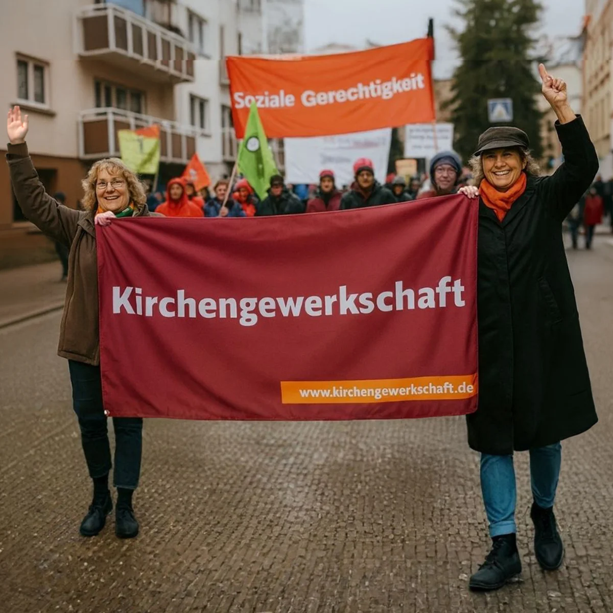 Zwei Frauen halten ein Banner mit „Kirchengewerkschaft“ bei einer Demonstration.