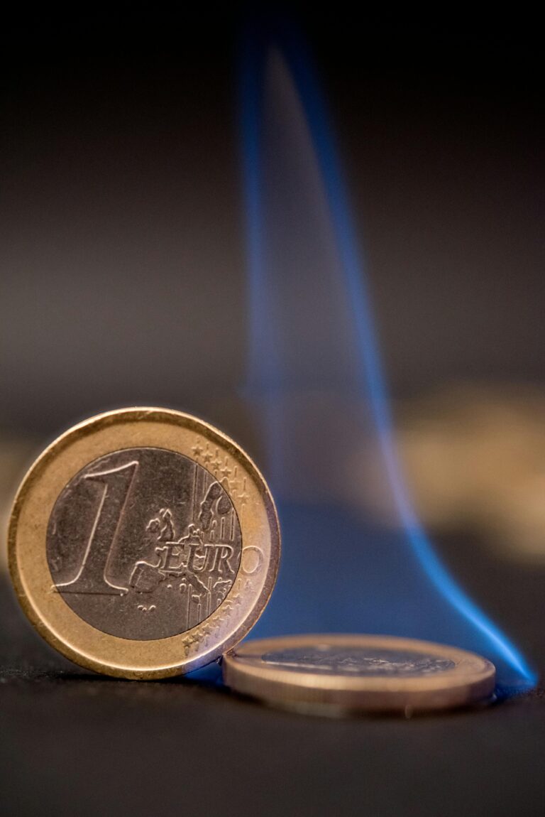 Burning euro coins with blue flames representing financial risk or crisis.