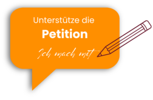 Orange Sprechblase mit Text „Unterstütze die Petition. Ich mach mit.“ und Bleistift.
